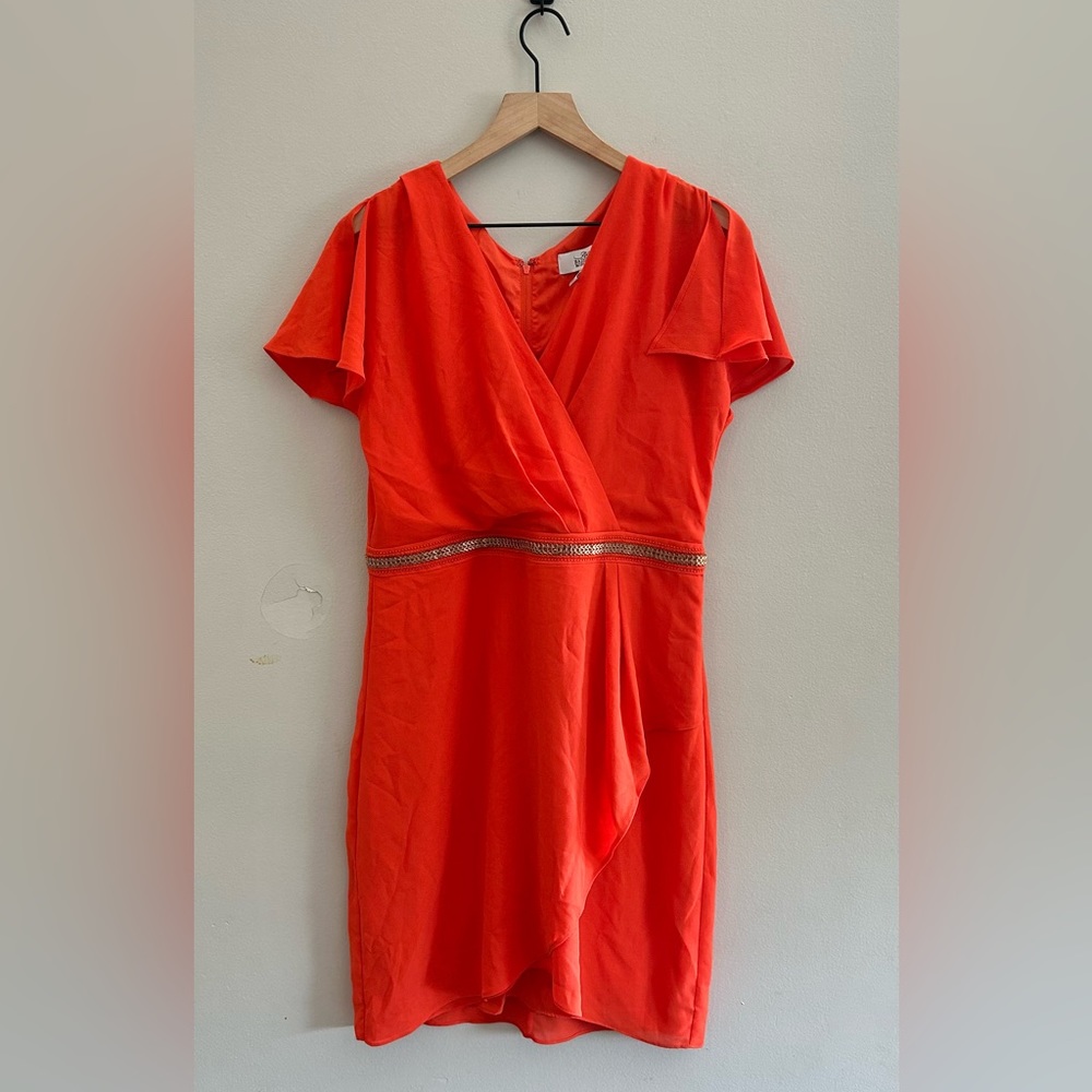 Belle Badgley Mischka Orange Cocktail Dress Crossover Flutter Sleeve | Size 12